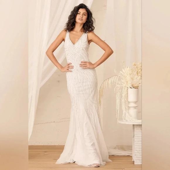 Lulu's Make Them Marvel White Beaded Mermaid Maxi Dress Wedding Bride Party - Picture 2 of 12